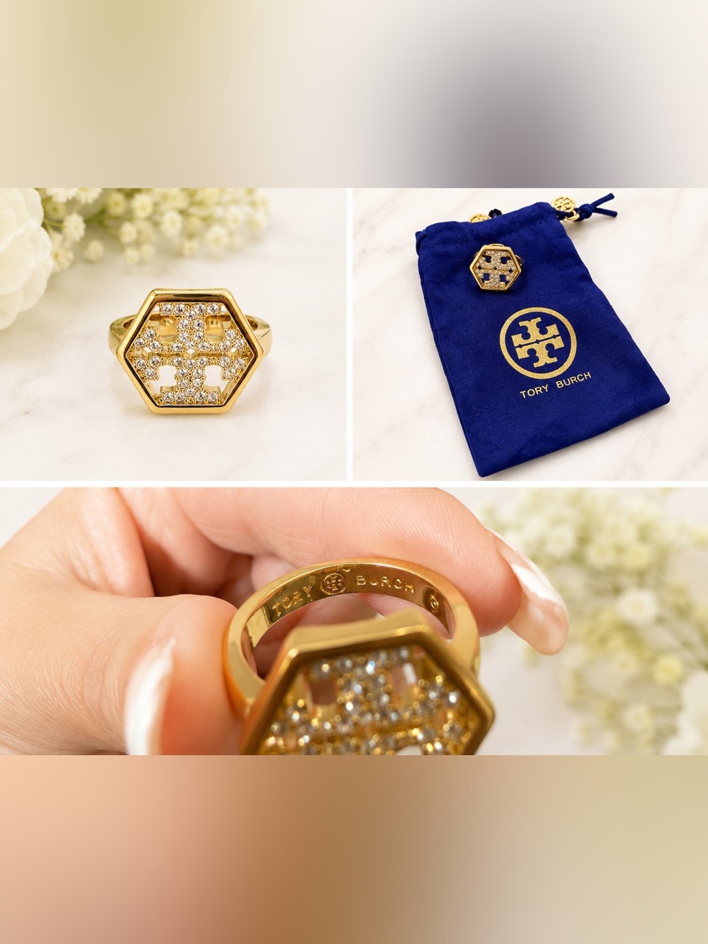 Tory Burch Gold Hexagon Logo Ring with Clear Crystals size 8